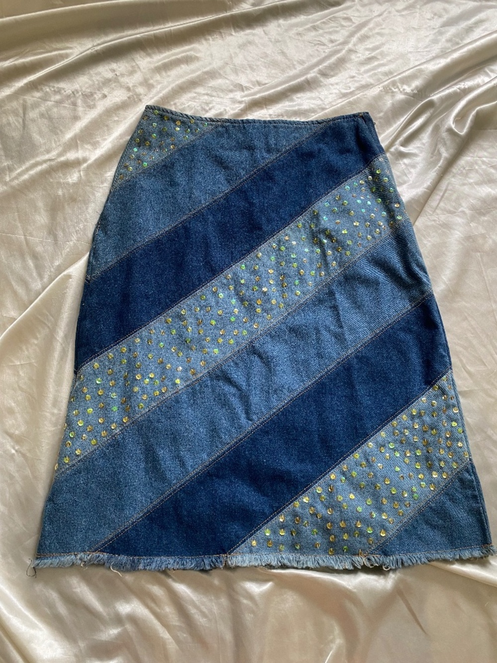 Vintage y2k Denim Patchwork Stripe Sequin Midi Skirt Fairy Boho Size 6
